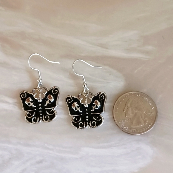 Black And Silver Gothic Butterfly With Skull Earrings - Picture 3 of 3